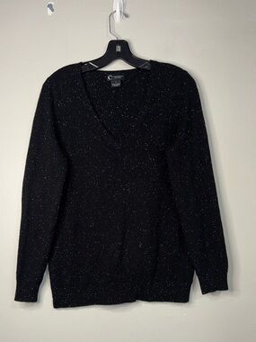 C by Bloomingdale’s Black V-Neck Metallic Speckle Pullover